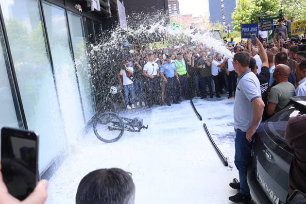 Kosovo dairy farmers pour hundreds of liters of milk outside ministry in protest PRISTINA, KOSOVO - JULY 6: Dairy farmers dump hundreds of liters of milk outside the Ministry of Agriculture, Forestry and Rural Development during a protest in Pristina, Kosovo, on July 6, 2026. The producers stage the demonstration to voice their demands and protest agricultural policies. Erkin Keci Anadolu Pristina Kosovo. Editorial use only. Please get in touch for any other usage.  Copyright: x2026xAnadoluxErkinxKecix