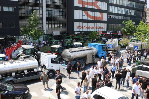 Kosovo dairy farmers pour hundreds of liters of milk outside ministry in protest PRISTINA, KOSOVO - JULY 6: Dairy farmers dump hundreds of liters of milk outside the Ministry of Agriculture, Forestry and Rural Development during a protest in Pristina, Kosovo, on July 6, 2026. The producers stage the demonstration to voice their demands and protest agricultural policies. Erkin Keci Anadolu Pristina Kosovo. Editorial use only. Please get in touch for any other usage.  Copyright: x2026xAnadoluxErkinxKecix