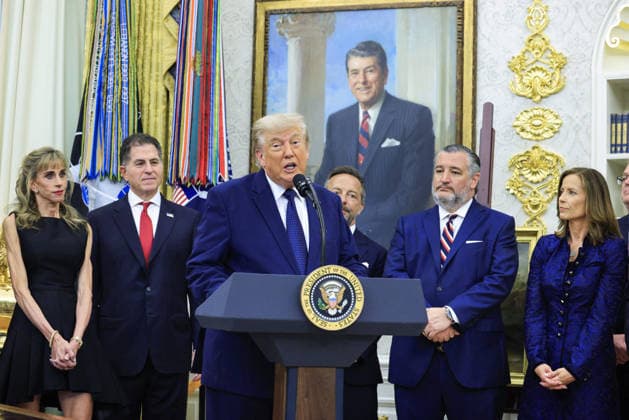 US President Donald J. Trump delivers remarks on Trump Accounts Investor Michael Dell (C-L) and his wife Susan Dell (L), along with Republican Senator from Texas Ted Cruz (C-R), look on as US President Donald J. Trump (C) speaks on the first day of trading for Trump Accounts in the Oval Office of the White House in Washington, DC, USA, 06 July 2026. Trump Accounts grant eligible US children born between 2026 and 2028 $1000.00 to fund ‘starter’ IRAs. WASHINGTON DISTRICT OF COLUMBIA United States  Copyright: xPool ABACAx