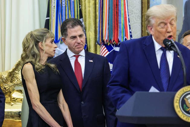 US President Donald J. Trump delivers remarks on Trump Accounts Investor Michael Dell (C-L) and his wife Susan Dell (L) look on as US President Donald J. Trump (C-R) speaks on the first day of trading for Trump Accounts in the Oval Office of the White House in Washington, DC, USA, 06 July 2026. Trump Accounts grant eligible US children born between 2026 and 2028 $1000.00 to fund ‘starter’ IRAs. WASHINGTON DISTRICT OF COLUMBIA United States  Copyright: xPool ABACAx