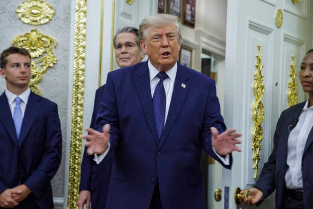 President Donald Trumps speaks on the first day of trading for Trump Accounts in the Oval Office of the White House in Washington, DC on Monday, July 6, 2026. Trump Accounts grant eligible US children born between 2026 and 2028 $1000.00 to fund starter IRAs.  WASP20260706101 SHAWNxTHEW