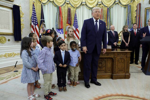 President Donald Trumps speaks on the first day of trading for Trump Accounts in the Oval Office of the White House in Washington, DC on Monday, July 6, 2026. Trump Accounts grant eligible US children born between 2026 and 2028 $1000.00 to fund starter IRAs.  WASP20260706102 SHAWNxTHEW