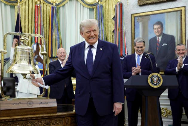 President Donald Trump rings the opening bell of the Nasdaq and the New York Stock Exchange (NYSE) to celebrate the first day of trading for Trump Accounts in the Oval Office of the White House in Washington, DC on Monday, July 6, 2026. Trump Accounts grant eligible US children born between 2026 and 2028 $1000.00 to fund starter IRAs.  WASP20260706104 SHAWNxTHEW