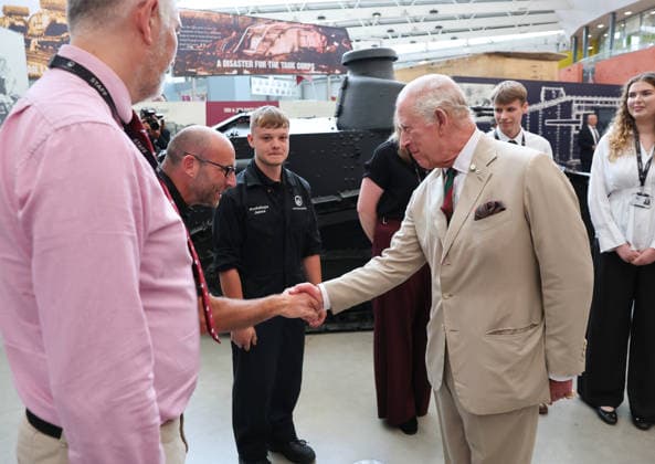 King Charles visits the Royal Tank Regiment s Families Day BOVINGTON, DORSET - JULY 06: King Charles III meets former RTR and museum staff in the exhibition hall during The Royal Tank Regiment s Families Day at the Tank Museum on July 06, 2026 in Bovington, Dorset. (Photo by Chris Jackson Getty Images)King Charles visits the Royal Tank Regiment s Families Day at the Tank Museum, Bovington, Dorset, UK, on the 6th July 2026. Picture by Chris Jackson WPA-Pool Bovington Tank Museum Dorset United Kingdom  WHA-0830