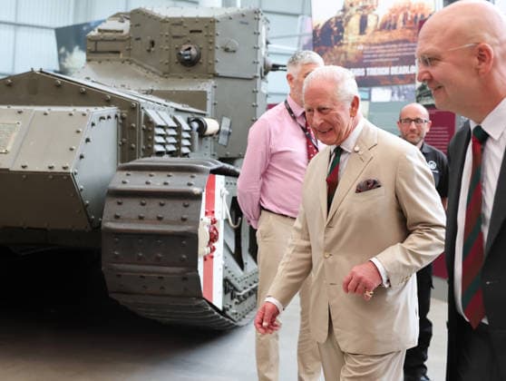 King Charles visits the Royal Tank Regiment s Families Day BOVINGTON, DORSET - JULY 06: King Charles III meets former RTR and museum staff in the exhibition hall during The Royal Tank Regiment s Families Day at the Tank Museum on July 06, 2026 in Bovington, Dorset. (Photo by Chris Jackson Getty Images)King Charles visits the Royal Tank Regiment s Families Day at the Tank Museum, Bovington, Dorset, UK, on the 6th July 2026. Picture by Chris Jackson WPA-Pool Bovington Tank Museum Dorset United Kingdom  WHA-0830