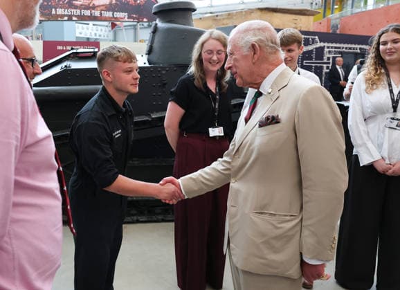 King Charles visits the Royal Tank Regiment s Families Day BOVINGTON, DORSET - JULY 06: King Charles III meets former RTR and museum staff in the exhibition hall during The Royal Tank Regiment s Families Day at the Tank Museum on July 06, 2026 in Bovington, Dorset. (Photo by Chris Jackson Getty Images)King Charles visits the Royal Tank Regiment s Families Day at the Tank Museum, Bovington, Dorset, UK, on the 6th July 2026. Picture by Chris Jackson WPA-Pool Bovington Tank Museum Dorset United Kingdom  WHA-0830