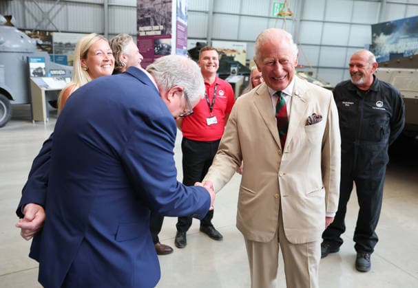 King Charles visits the Royal Tank Regiment s Families Day BOVINGTON, DORSET - JULY 06: King Charles III meets former RTR and museum staff in the exhibition hall during The Royal Tank Regiment s Families Day at the Tank Museum on July 06, 2026 in Bovington, Dorset. (Photo by Chris Jackson Getty Images)King Charles visits the Royal Tank Regiment s Families Day at the Tank Museum, Bovington, Dorset, UK, on the 6th July 2026. Picture by Chris Jackson WPA-Pool Bovington Tank Museum Dorset United Kingdom  WHA-0830