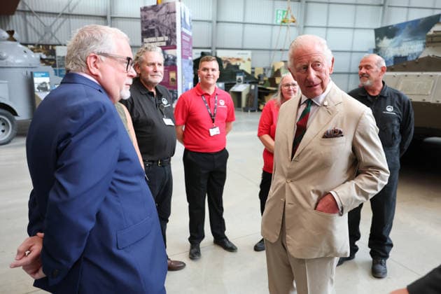 King Charles visits the Royal Tank Regiment s Families Day BOVINGTON, DORSET - JULY 06: King Charles III meets former RTR and museum staff in the exhibition hall during The Royal Tank Regiment s Families Day at the Tank Museum on July 06, 2026 in Bovington, Dorset. (Photo by Chris Jackson Getty Images)King Charles visits the Royal Tank Regiment s Families Day at the Tank Museum, Bovington, Dorset, UK, on the 6th July 2026. Picture by Chris Jackson WPA-Pool Bovington Tank Museum Dorset United Kingdom  WHA-0830