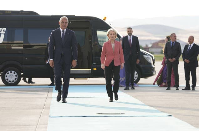 Ahead of 36th NATO Summit in Ankara ANKARA, TURKIYE - JULY 6: European Commission President Ursula von der Leyen is welcomed by Turkish Minister of Culture and Tourism, Mehmet Nuri Ersoy at Esenboga Airport ahead of the 36th NATO Heads of State and Government Summit in Ankara, Turkiye, on July 6, 2026.? Metin Aktas Anadolu Ankara Turkey. Editorial use only. Please get in touch for any other usage.  Copyright: x2026xAnadoluxMetinxAktasx