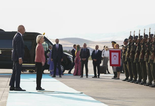 Ahead of 36th NATO Summit in Ankara ANKARA, TURKIYE - JULY 6: European Commission President Ursula von der Leyen is welcomed by Turkish Minister of Culture and Tourism, Mehmet Nuri Ersoy at Esenboga Airport ahead of the 36th NATO Heads of State and Government Summit in Ankara, Turkiye, on July 6, 2026.? Metin Aktas Anadolu Ankara Turkey. Editorial use only. Please get in touch for any other usage.  Copyright: x2026xAnadoluxMetinxAktasx