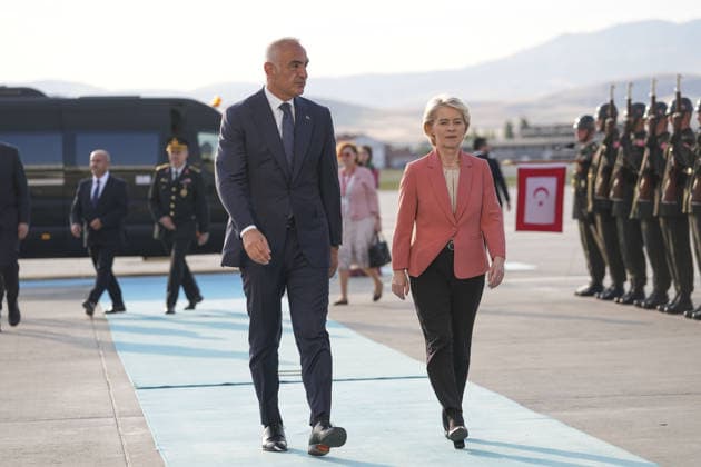 Ahead of 36th NATO Summit in Ankara ANKARA, TURKIYE - JULY 6: European Commission President Ursula von der Leyen is welcomed by Turkish Minister of Culture and Tourism, Mehmet Nuri Ersoy at Esenboga Airport ahead of the 36th NATO Heads of State and Government Summit in Ankara, Turkiye, on July 6, 2026.? Metin Aktas Anadolu Ankara Turkey. Editorial use only. Please get in touch for any other usage.  Copyright: x2026xAnadoluxMetinxAktasx