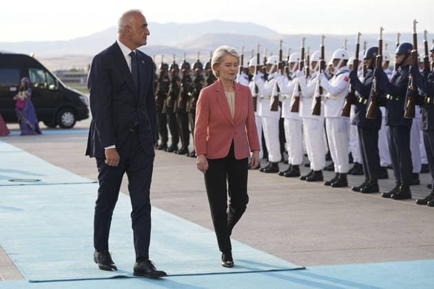 Ahead of 36th NATO Summit in Ankara ANKARA, TURKIYE - JULY 6: European Commission President Ursula von der Leyen is welcomed by Turkish Minister of Culture and Tourism, Mehmet Nuri Ersoy at Esenboga Airport ahead of the 36th NATO Heads of State and Government Summit in Ankara, Turkiye, on July 6, 2026.? Metin Aktas Anadolu Ankara Turkey. Editorial use only. Please get in touch for any other usage.  Copyright: x2026xAnadoluxMetinxAktasx