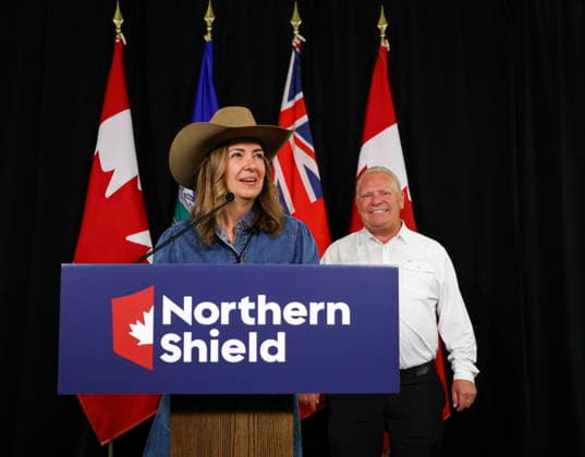 July 6, 2026, Calgary, Ab, CANADA: Alberta Premier Danielle Smith, left, and Ontario Premier Doug Ford announce the Northern Shield pipeline proposal in Calgary, Monday, July 6, 2026. Calgary CANADA  - ZUMAc35_ 20260706_zaf_c35_038 Copyright: xJeffxMcintoshx
