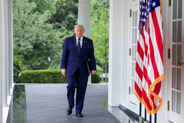 US President Donald J. Trump walks from the Oval Office to deliver remarks on Trump Accounts at a Rose Garden Club luncheron at the White House in Washington, DC on Monday, July 6, 2026. Trump Accounts grant eligible US children born between 2026 and 2028 $1000.00 to fund starter IRA.  WASP20260706155 SHAWNxTHEW