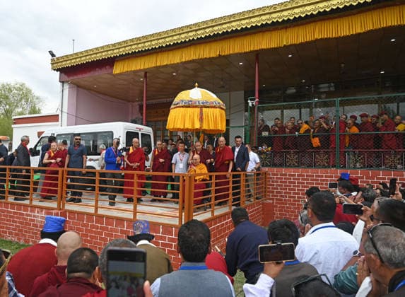 LEH, INDIA - JULY 6: Tibetan Spiritual leader the 14th Dalai Lama, Tenzin Gyatso, during an event organized as part of his 91th Birthday celebrations, at Choglamsar on July 6, 2026 in Leh, India. (Photo by Waseem Andrabi Hindustan Times) Buddhist Community In Leh Celebrates 91st Birthday Of Tibetan Spiritual Leader The 91st Birthday Of His Holiness The Dalai Lama