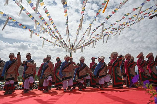 LEH, INDIA - JULY 6: Artists perform during celebrations marking the 91st birthday of Tibetan spiritual leader the 14th Dalai Lama, Tenzin Gyatso, at Choglamsar on July 6, 2026 in Leh, India. (Photo by Waseem Andrabi Hindustan Times) Buddhist Community In Leh Celebrates 91st Birthday Of Tibetan Spiritual Leader The 91st Birthday Of His Holiness The Dalai Lama