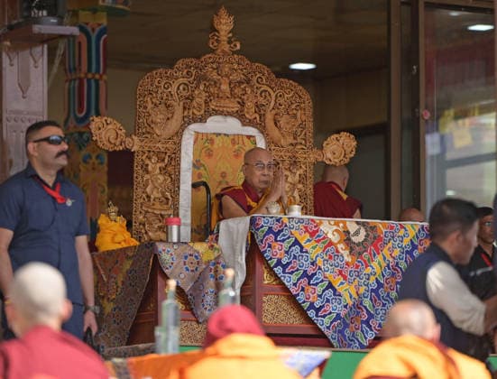 LEH, INDIA - JULY 6: Tibetan Spiritual leader the 14th Dalai Lama, Tenzin Gyatso, during an event organized as part of his 91th Birthday celebrations, at Choglamsar on July 6, 2026 in Leh, India. (Photo by Waseem Andrabi Hindustan Times) Buddhist Community In Leh Celebrates 91st Birthday Of Tibetan Spiritual Leader The 91st Birthday Of His Holiness The Dalai Lama