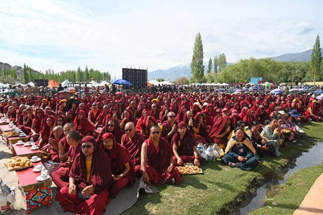 LEH, INDIA - JULY 6: Buddhist monks gather during celebrations marking the 91st birthday of Tibetan spiritual leader the 14th Dalai Lama, Tenzin Gyatso, at Choglamsar on July 6, 2026 in Leh, India. (Photo by Waseem Andrabi Hindustan Times) Buddhist Community In Leh Celebrates 91st Birthday Of Tibetan Spiritual Leader The 91st Birthday Of His Holiness The Dalai Lama