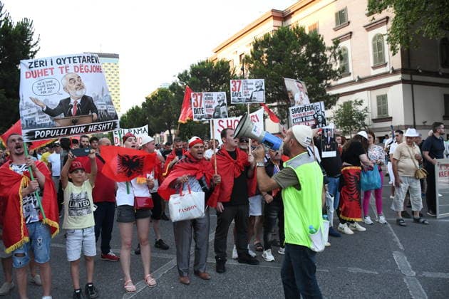 Protests continue in Albania against tourism project in Zvernec TIRANA, ALBANIA - JULY 6: Protesters gather at Skanderbeg Square on the 37th day of demonstrations against a planned tourism project in the Zvernec area of Vlora, chanting the slogan Albania is not for sale in Tirana, Albania, on July 6, 2026. Olsi Shehu Anadolu Tirana Albania. Editorial use only. Please get in touch for any other usage.  Copyright: x2026xAnadoluxOlsixShehux