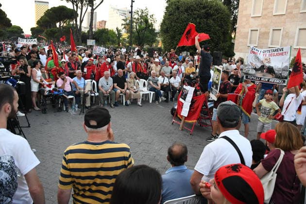 Protests continue in Albania against tourism project in Zvernec TIRANA, ALBANIA - JULY 6: Protesters gather at Skanderbeg Square on the 37th day of demonstrations against a planned tourism project in the Zvernec area of Vlora, chanting the slogan Albania is not for sale in Tirana, Albania, on July 6, 2026. Olsi Shehu Anadolu Tirana Albania. Editorial use only. Please get in touch for any other usage.  Copyright: x2026xAnadoluxOlsixShehux