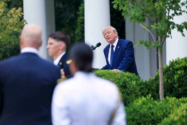 US President Donald J. Trump delivers remarks on Trump Accounts at a Rose Garden Club luncheon at the White House in Washington, DC, USA, 06 July 2026. Trump Accounts grant eligible US children born between 2026 and 2028 $1000.00 to fund starter IRAs. Copyright: xShawnxThewx xPoolxviaxCNPx MediaPunchx