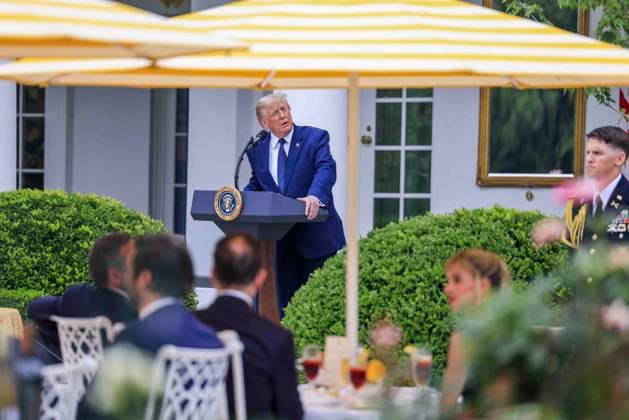 US President Donald J. Trump delivers remarks on Trump Accounts at a Rose Garden Club luncheon at the White House in Washington, DC, USA, 06 July 2026. Trump Accounts grant eligible US children born between 2026 and 2028 $1000.00 to fund starter IRAs. Copyright: xShawnxThewx xPoolxviaxCNPx MediaPunchx