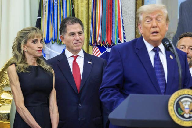 Investor Michael Dell (C) and his wife Susan Dell (L) look on as US President Donald J. Trump (R) speaks on the first day of trading for Trump Accounts in the Oval Office of the White House in Washington, DC, USA, 06 July 2026. Trump Accounts grant eligible US children born between 2026 and 2028 $1000.00 to fund ‘starter’ IRAs. Copyright: xShawnxThewx xPoolxviaxCNPx MediaPunchx