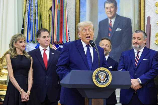 Investor Michael Dell (C-L) and his wife Susan Dell (L) look on as US President Donald J. Trump (C) speaks on the first day of trading for Trump Accounts in the Oval Office of the White House in Washington, DC, USA, 06 July 2026. Trump Accounts grant eligible US children born between 2026 and 2028 $1000.00 to fund ‘starter’ IRAs. Copyright: xShawnxThewx xPoolxviaxCNPx MediaPunchx