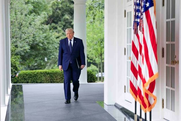 US President Donald J. Trump walks from the Oval Office to deliver remarks on Trump Accounts at a Rose Garden Club luncheon at the White House in Washington, DC, USA, 06 July 2026. Trump Accounts grant eligible US children born between 2026 and 2028 $1000.00 to fund starter IRAs. Copyright: xShawnxThewx xPoolxviaxCNPx MediaPunchx