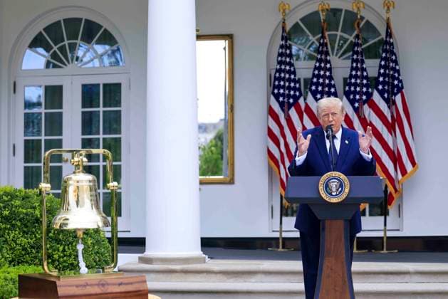 US President Donald J. Trump delivers remarks on Trump Accounts at a Rose Garden Club luncheon at the White House in Washington, DC, USA, 06 July 2026. Trump Accounts grant eligible US children born between 2026 and 2028 $1000.00 to fund starter IRAs. Copyright: xShawnxThewx xPoolxviaxCNPx MediaPunchx
