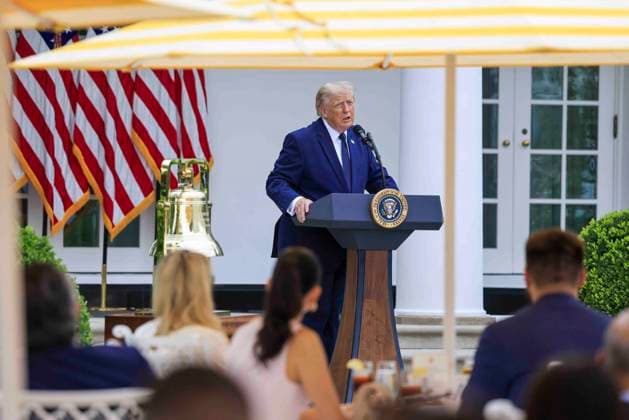 US President Donald J. Trump delivers remarks on Trump Accounts at a Rose Garden Club luncheon at the White House in Washington, DC, USA, 06 July 2026. Trump Accounts grant eligible US children born between 2026 and 2028 $1000.00 to fund starter IRAs. Copyright: xShawnxThewx xPoolxviaxCNPx MediaPunchx