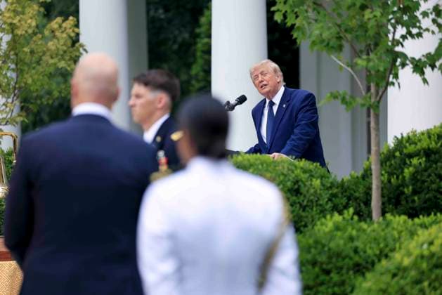 US President Donald J. Trump delivers remarks on Trump Accounts at a Rose Garden Club luncheon at the White House in Washington, DC, USA, 06 July 2026. Trump Accounts grant eligible US children born between 2026 and 2028 $1000.00 to fund starter IRAs. Copyright: xShawnxThewx xPoolxviaxCNPx MediaPunchx