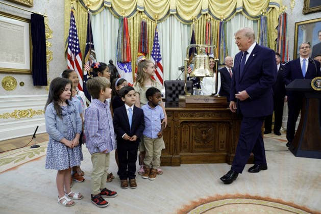 US President Donald J. Trump prepares to speak on the first day of trading for Trump Accounts in the Oval Office of the White House in Washington, DC, USA, 06 July 2026. Trump Accounts grant eligible US children born between 2026 and 2028 $1000.00 to fund ‘starter’ IRAs. Copyright: xShawnxThewx xPoolxviaxCNPx MediaPunchx