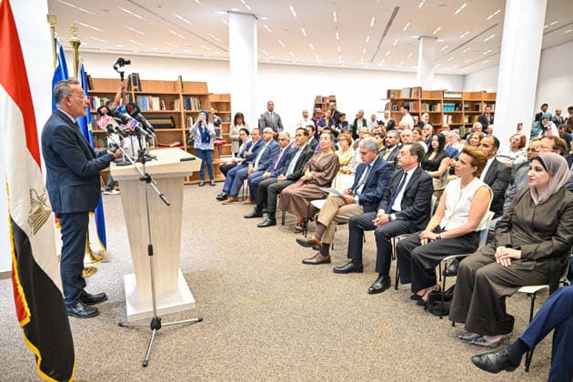 (260706) -- GIZA, July 6, 2026 -- Ahmed Ghoneim (1st L), chief executive officer of the Grand Egyptian Museum (GEM) speaks at the inauguration of a new heritage library at the GEM in Giza, Egypt, July 6, 2026. Egypt s Minister of Tourism and Antiquities Sherif Fathy on Monday inaugurated a new heritage library at the Grand Egyptian Museum. ) EGYPT-GIZA-GRAND EGYPTIAN MUSEUM-LIBRARY-OPENING XinxMengchen 