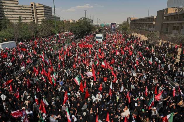 Tehran Funeral Procession For Khamenei Crowds of mourners surround the convoy carrying the coffins of Iran s slain supreme leader Ali Khamenei and members of his family during a funeral procession near Azadi Square in Tehran on July 6, 2026. Vast crowds gathered for the funeral procession of Iran s slain supreme leader Ali Khamenei in Tehran on July 6, with authorities estimating millions were on the streets in numbers that could rival those of his predecessor s farewell nearly four decades ago. Tehran Tehran Iran Copyright: xArezoox