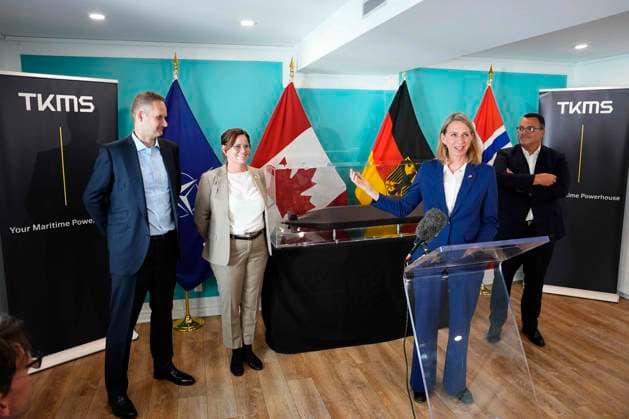 July 6, 2026, Ottawa, On, CAN: Ambassador of Germany to Canada Tjorven Bellmann speaks at a news conference at the Embassy of Germany in Ottawa, with Volkmar Dinstuhl, ThyssenKrupp board member and chairman of the supervisory board of TKMS, left, Ambassador of Norway to Canada Hanne Ulrichsen, and TKMS CEO Oliver Burkhard, right, on Monday, July 6, 2026. Germany s TKMS has been chosen as the preferred bidder to supply the navy s next fleet of submarines, over South Korea s Hanwha. Ottawa CAN  - ZUMAc35_ 20260706_zaf_c35_122 Copyright: xJustinxTangx