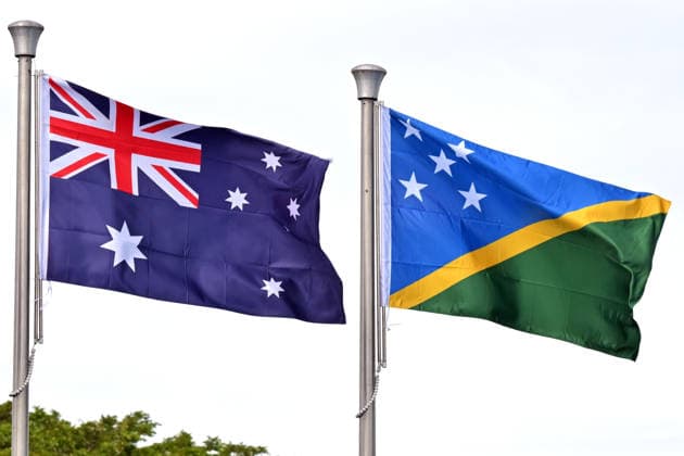 ANTHONY ALBANESE PACIFIC ISLANDS VISIT, Australia™s flag is seen with the Solomon Islands flag during Independence Day celebrations at National Stadium in Honiara, Solomon Islands, Tuesday, July 7, 2026. ( NO ARCHIVING HONIARA SOLOMON ISLANDS  Copyright: xMICKxTSIKASx 20260707112454411785
