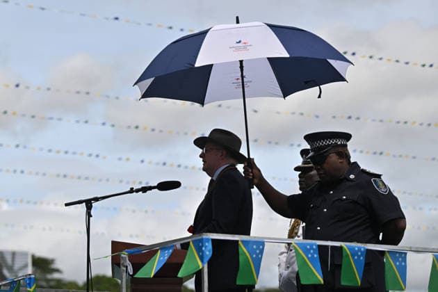 ANTHONY ALBANESE PACIFIC ISLANDS VISIT, Australia™s Prime Minister Anthony Albanese speaks during Independence Day celebrations at National Stadium in Honiara, Solomon Islands, Tuesday, July 7, 2026. ( NO ARCHIVING HONIARA SOLOMON ISLANDS  Copyright: xMICKxTSIKASx 20260707191044227644