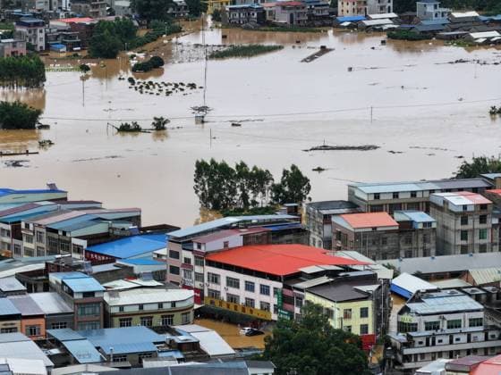 NANNING, CHINA - JULY 06: In an aerial view, floodwaters inundate Pingshan Village after local reservoirs overflowed due to Typhoon Maysak on July 6, 2026 in Hengzhou, Nanning, Guangxi Zhuang Autonomous Region of China. Local authorities are organizing the evacuation of residents in affected areas of Hengzhou City and Binyang County in Guangxi.  Copyright: xChinaxNewsxServicex 111652617422