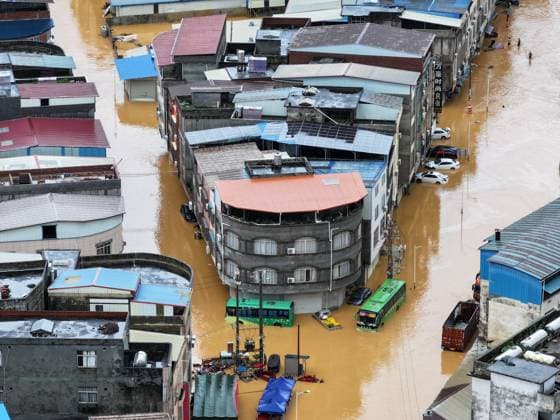 NANNING, CHINA - JULY 06: In an aerial view, floodwaters inundate Pingshan Village after local reservoirs overflowed due to Typhoon Maysak on July 6, 2026 in Hengzhou, Nanning, Guangxi Zhuang Autonomous Region of China. Local authorities are organizing the evacuation of residents in affected areas of Hengzhou City and Binyang County in Guangxi.  Copyright: xChinaxNewsxServicex 111652617446