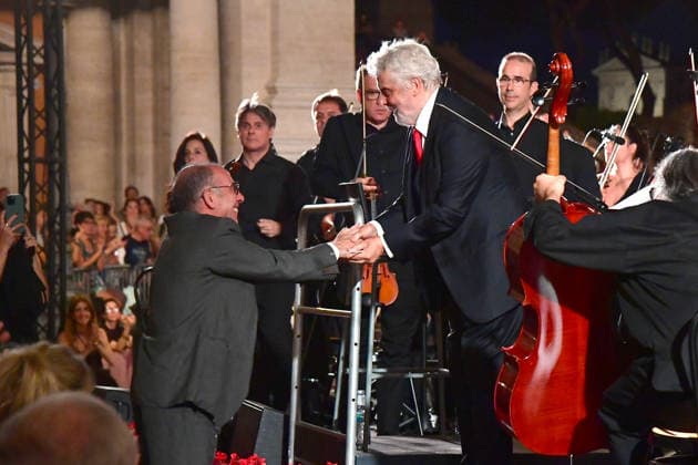 IPA86455800 - Rome, Piazza del Campidoglio: Nicola Piovani’s Tribute Concert to Ennio Morricone. Pictured: Giuseppe Tornatore and Nicola Piovani  Copyright: xVincenzoxLandix xVincenzoxLandix 86455800