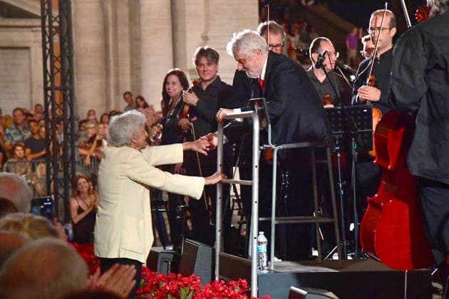 IPA86455806 - Rome, Piazza del Campidoglio: Nicola Piovani’s Tribute Concert to Ennio Morricone. Pictured: Maria Travia and Nicola Piovani  Copyright: xVincenzoxLandix xVincenzoxLandix 86455806