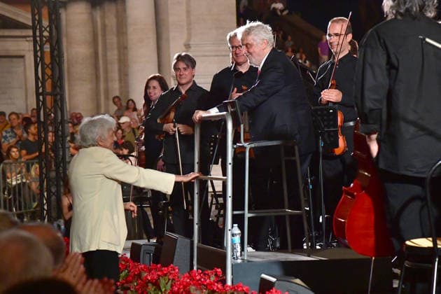 IPA86455830 - Rome, Piazza del Campidoglio: Nicola Piovani’s Tribute Concert to Ennio Morricone. Pictured: Maria Travia and Nicola Piovani  Copyright: xVincenzoxLandix xVincenzoxLandix 86455830