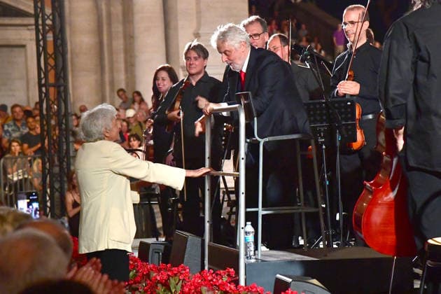 IPA86455825 - Rome, Piazza del Campidoglio: Nicola Piovani’s Tribute Concert to Ennio Morricone. Pictured: Maria Travia and Nicola Piovani  Copyright: xVincenzoxLandix xVincenzoxLandix 86455825