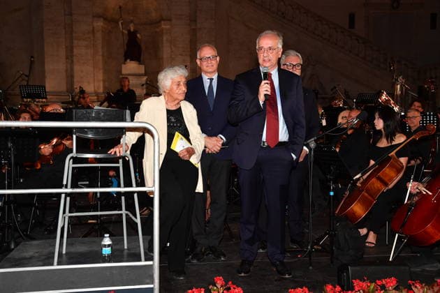 IPA86455782 - Rome, Piazza del Campidoglio: Nicola Piovani’s Tribute Concert to Ennio Morricone. Pictured: Maria Travia, Federico Mollicone, Walter Veltroni, Roberto Gualtieri  Copyright: xVincenzoxLandix xVincenzoxLandix 86455782