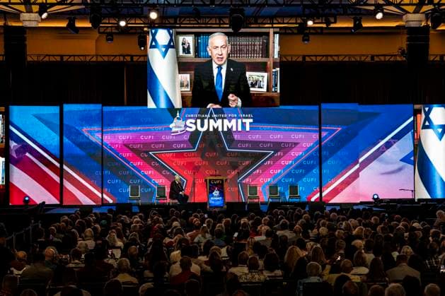 July 6, 2026, National Harbor, Maryland, USA: Prime Minister of Israel BENJAMIN NETANYAHU speaking, via a live video connection, to the 2026 Christians United for Israel (CUFI) Washington Summit at the Gaylord National Resort & Convention Center in National Harbor, Maryland. National Harbor USA  - ZUMAb161 20260706_aap_b161_007 Copyright: xMichaelxBrochsteinx