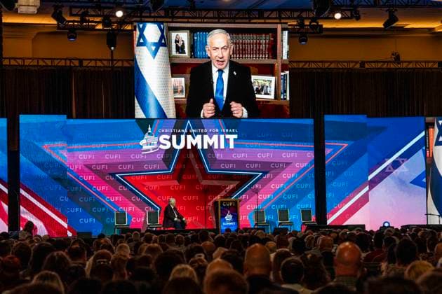 July 6, 2026, National Harbor, Maryland, USA: Prime Minister of Israel BENJAMIN NETANYAHU speaking, via a live video connection, to the 2026 Christians United for Israel (CUFI) Washington Summit at the Gaylord National Resort & Convention Center in National Harbor, Maryland. National Harbor USA  - ZUMAb161 20260706_aap_b161_018 Copyright: xMichaelxBrochsteinx