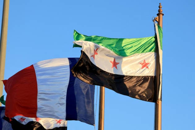 President Macron Arrives For A State Visit To Damascus French and independence-era Syrian flags flutter at the Damascus International Airport in Damascus on July 6, 2026. French President Emmanuel Macron arrived in Damascus on July 6, 2026 for the first visit by a Western European head of state since Syria s new authorities took power in 2024, an AFP journalist said. Macron, who will depart on July 7, 2026, will advocate for a free, pluralist Syria that respects each of its components and plays a role in moderating Middle East tensions, the French presidency told journalists ahead of his arrival. Photo by Ludovic Marin Pool ABACAPRESS.COM Damascus Syria  Copyright: xMarinxLudovic Pool ABACAx