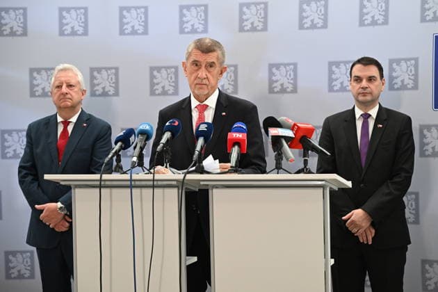 From left: Czech Defence Minister Jaromir Zuna, Prime Minister Andrej Babis and Foreign Affairs Minister Petr Macinka give a press briefing on departure for NATO summit in Ankara, on July 7, 2026, in Prague, Czech Republic. (CTKxPhoto KaterinaxSulova) CTKPhotoP2026070702278  CTKPhotoP2026070702278