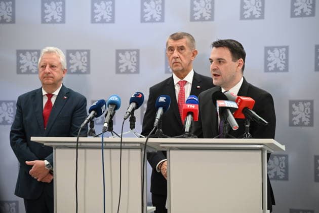 From left: Czech Defence Minister Jaromir Zuna, Prime Minister Andrej Babis and Foreign Affairs Minister Petr Macinka give a press briefing on departure for NATO summit in Ankara, on July 7, 2026, in Prague, Czech Republic. (CTKxPhoto KaterinaxSulova) CTKPhotoP2026070702301  CTKPhotoP2026070702301